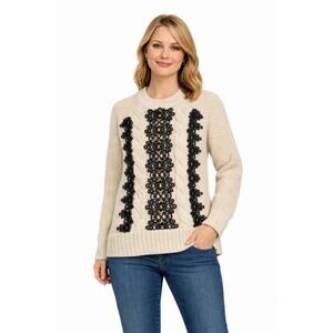 Vera Wang Women’s XSmall Cream Cable Knit Sweater Black Lace Panel Boho Pullover